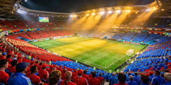 世界杯足球赛场全景，观众席座无虚席，绿茵场灯光璀璨